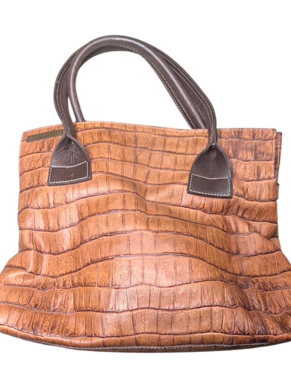 Daniella Lehavi Designer Leather Handbag Cognac Crocodile Texture Large Tote